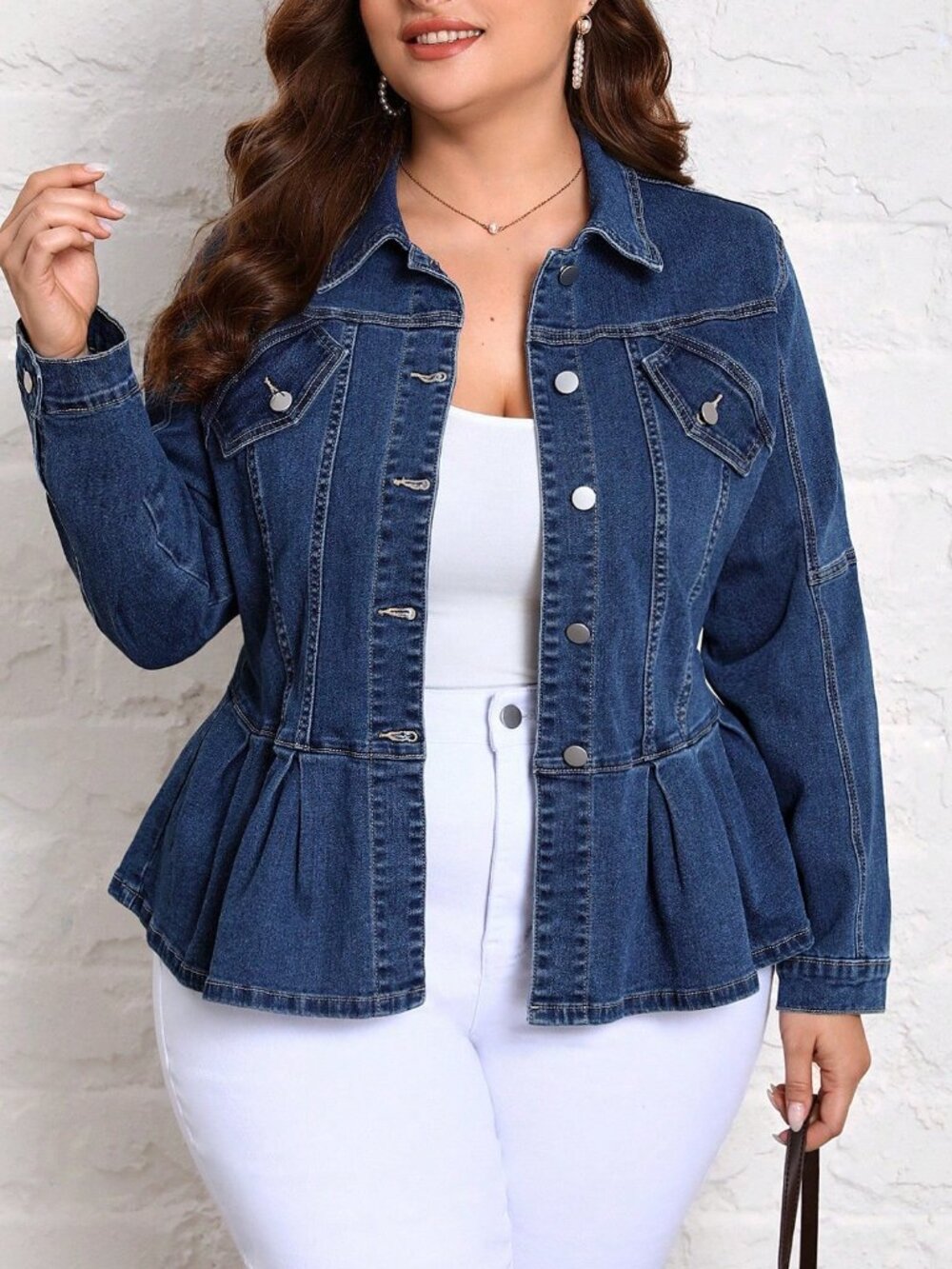 Dark Wash Casual Women's Plus Flap Detail Fold Pleated Peplum Denim Jacket